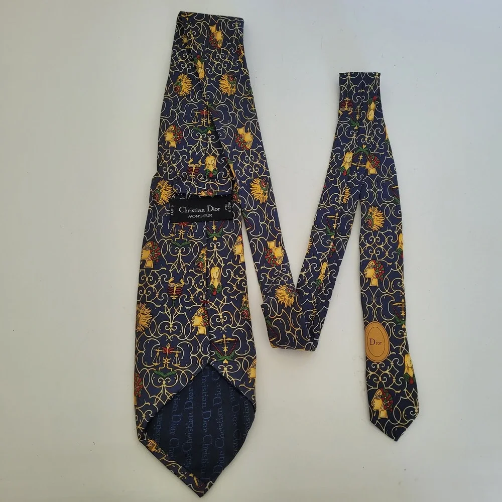 Christian Dior Monsieur Silk Tie Navy Blue Gold Mythological Motif Made in Italy